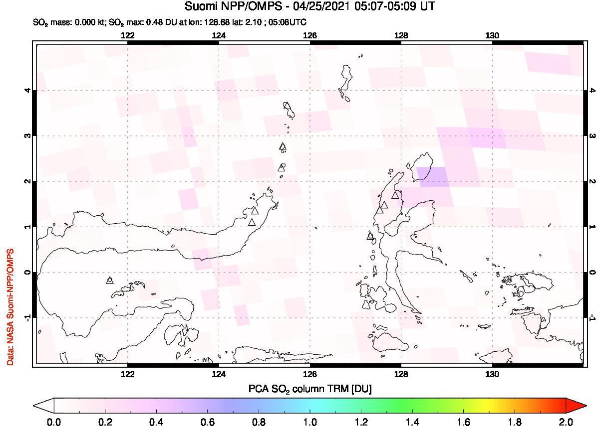 A sulfur dioxide image over Northern Sulawesi & Halmahera, Indonesia on Apr 25, 2021.