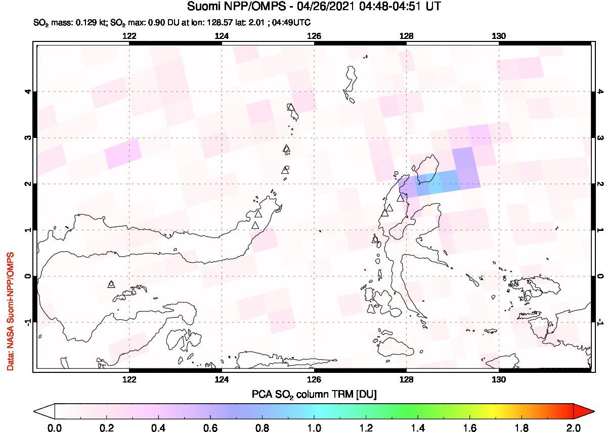 A sulfur dioxide image over Northern Sulawesi & Halmahera, Indonesia on Apr 26, 2021.