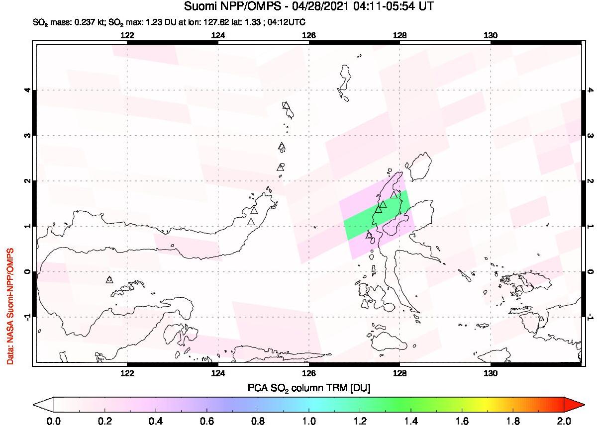 A sulfur dioxide image over Northern Sulawesi & Halmahera, Indonesia on Apr 28, 2021.