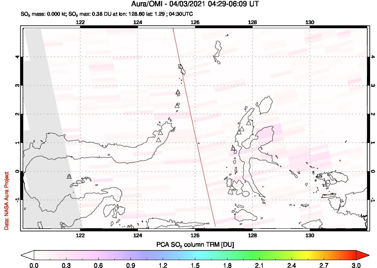 A sulfur dioxide image over Northern Sulawesi & Halmahera, Indonesia on Apr 03, 2021.