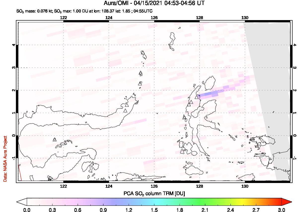 A sulfur dioxide image over Northern Sulawesi & Halmahera, Indonesia on Apr 15, 2021.