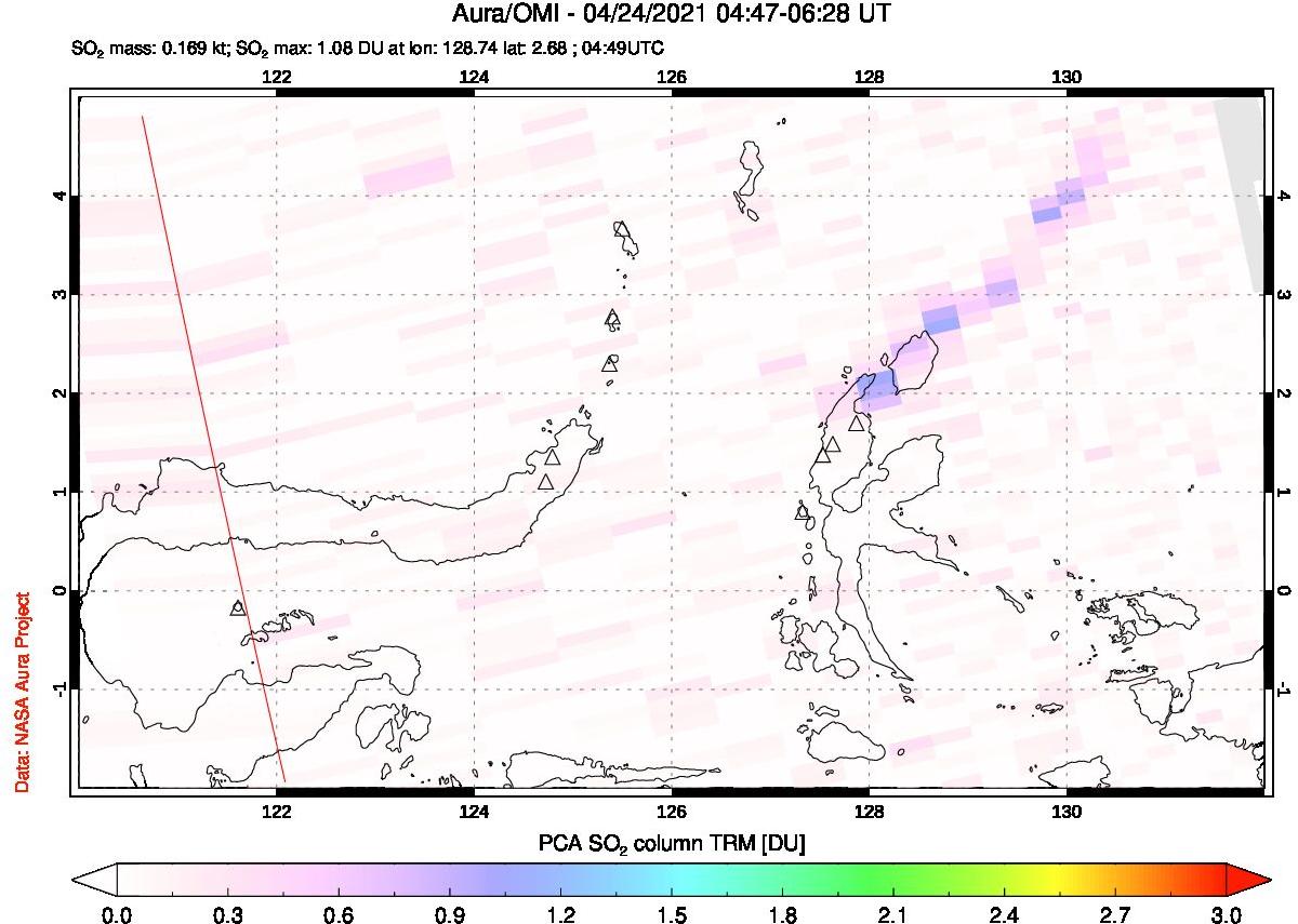 A sulfur dioxide image over Northern Sulawesi & Halmahera, Indonesia on Apr 24, 2021.