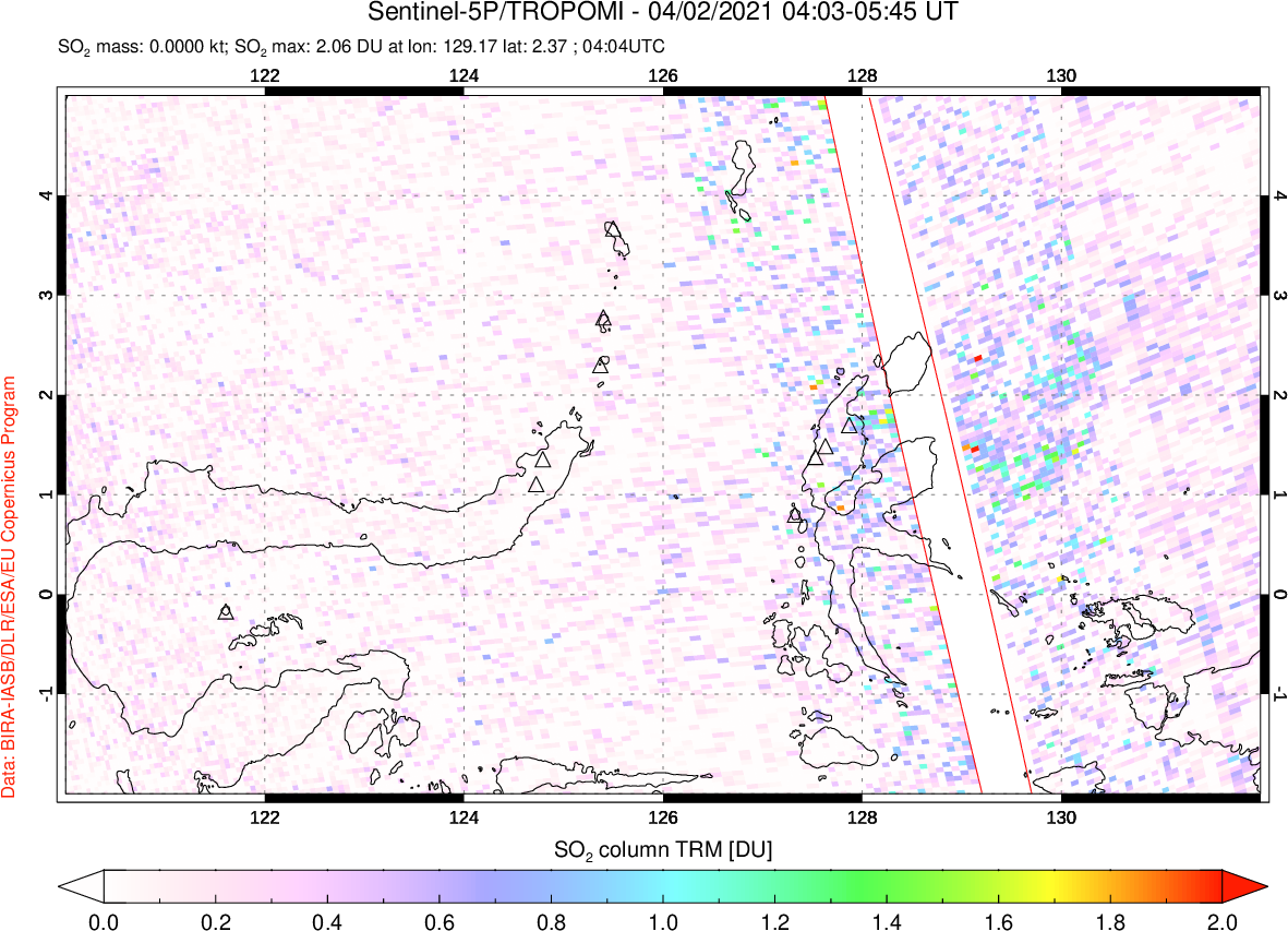 A sulfur dioxide image over Northern Sulawesi & Halmahera, Indonesia on Apr 02, 2021.