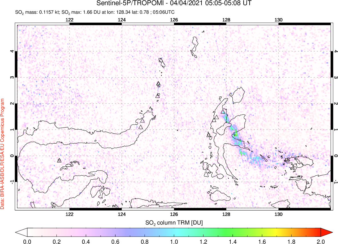 A sulfur dioxide image over Northern Sulawesi & Halmahera, Indonesia on Apr 04, 2021.