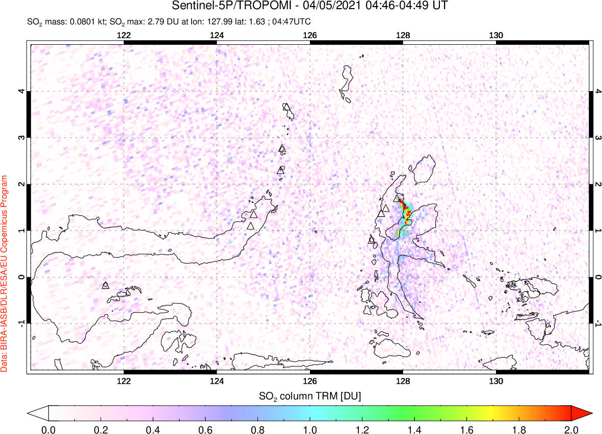 A sulfur dioxide image over Northern Sulawesi & Halmahera, Indonesia on Apr 05, 2021.