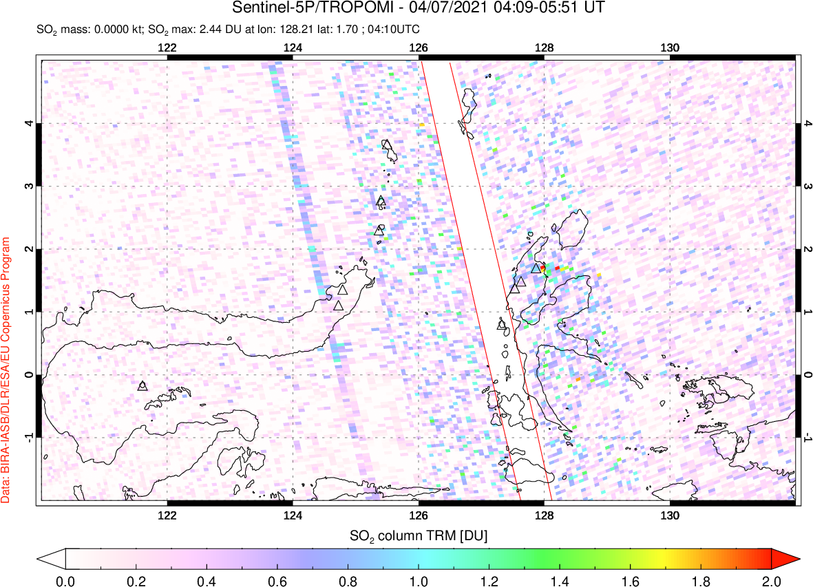 A sulfur dioxide image over Northern Sulawesi & Halmahera, Indonesia on Apr 07, 2021.