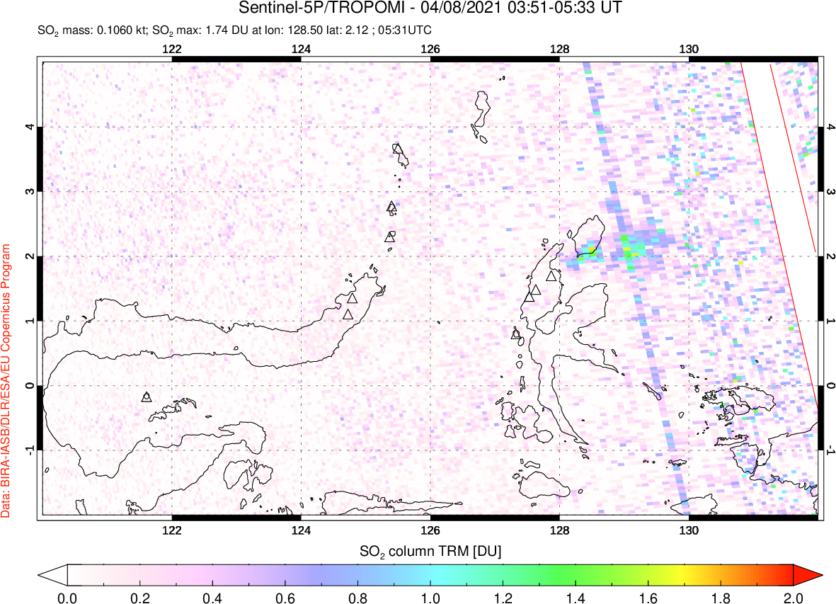 A sulfur dioxide image over Northern Sulawesi & Halmahera, Indonesia on Apr 08, 2021.