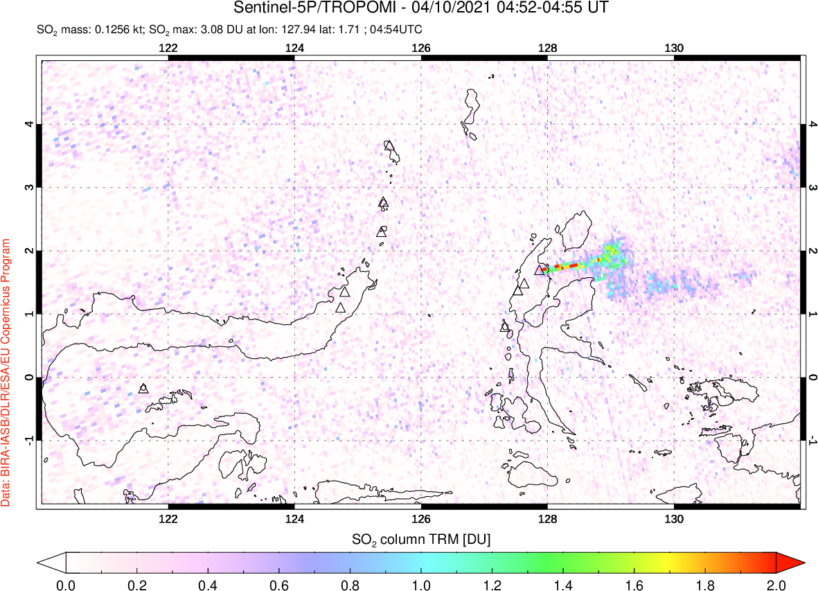 A sulfur dioxide image over Northern Sulawesi & Halmahera, Indonesia on Apr 10, 2021.