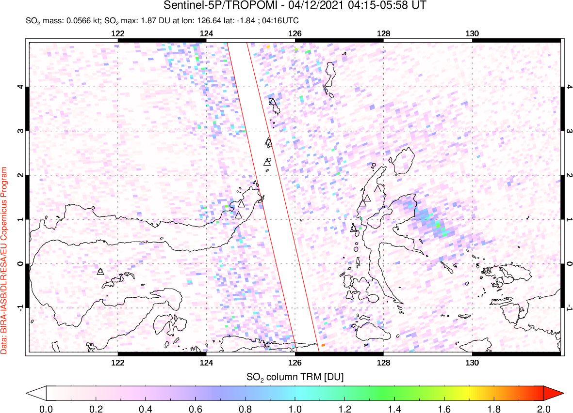 A sulfur dioxide image over Northern Sulawesi & Halmahera, Indonesia on Apr 12, 2021.