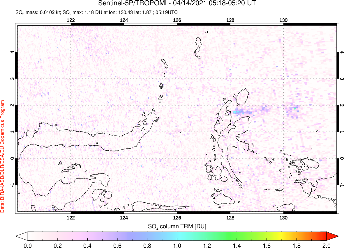 A sulfur dioxide image over Northern Sulawesi & Halmahera, Indonesia on Apr 14, 2021.