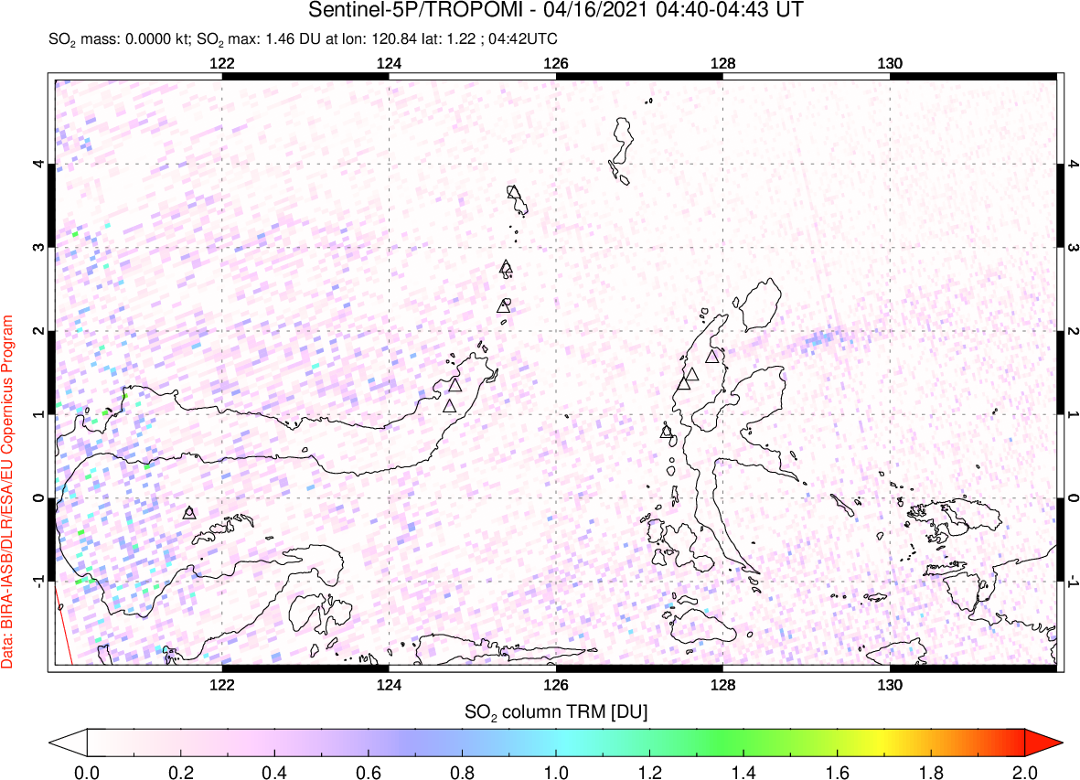 A sulfur dioxide image over Northern Sulawesi & Halmahera, Indonesia on Apr 16, 2021.