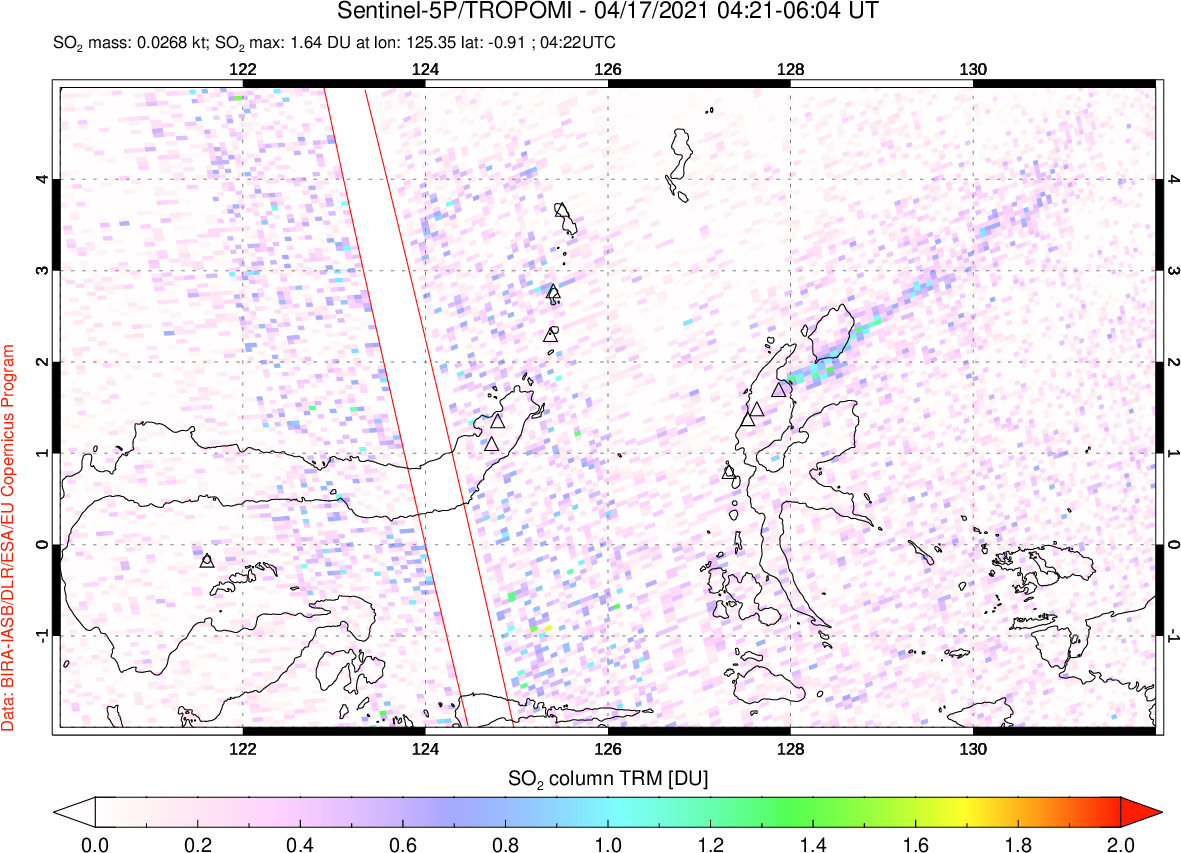 A sulfur dioxide image over Northern Sulawesi & Halmahera, Indonesia on Apr 17, 2021.