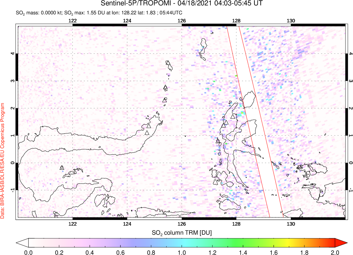 A sulfur dioxide image over Northern Sulawesi & Halmahera, Indonesia on Apr 18, 2021.