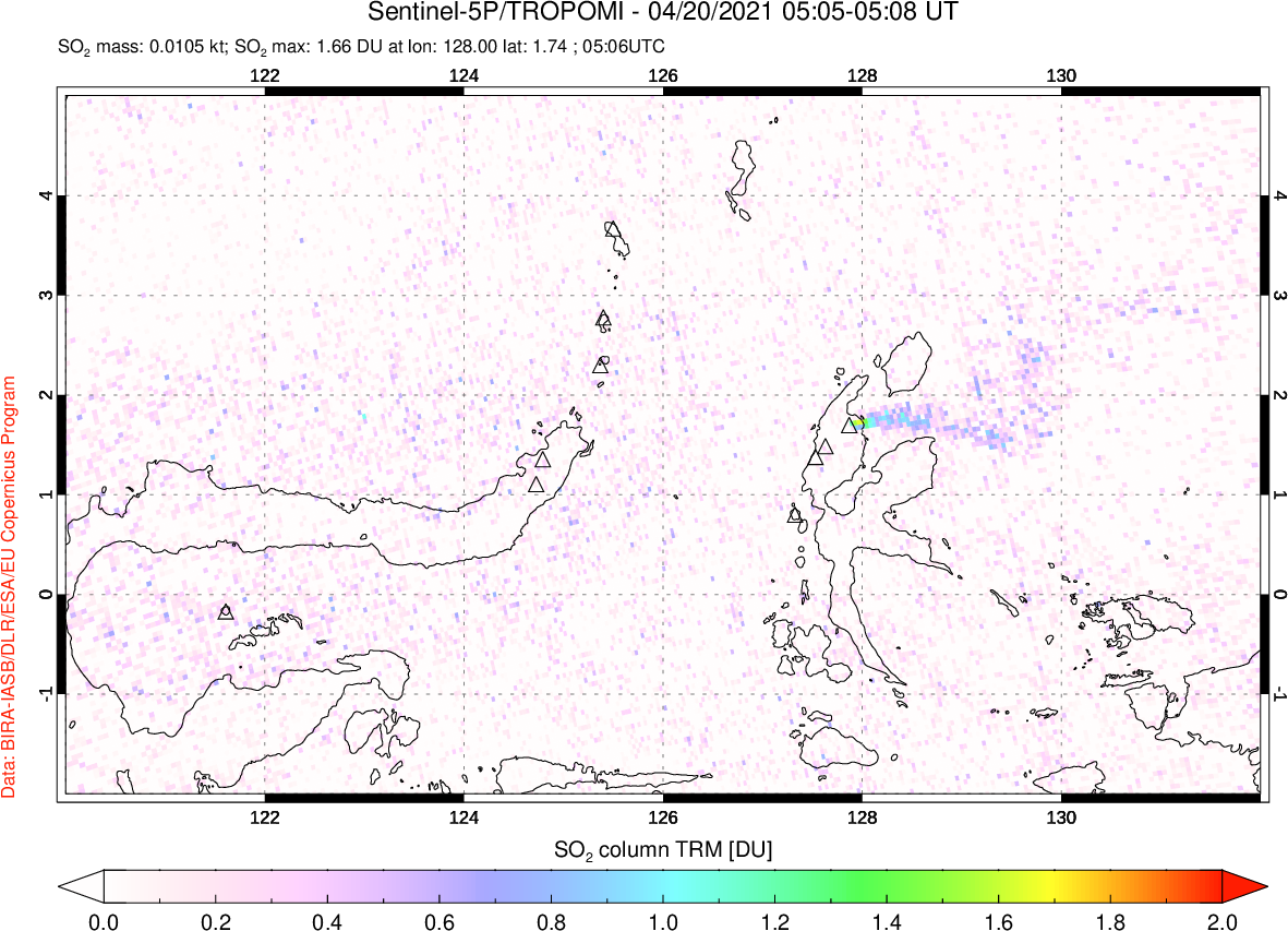 A sulfur dioxide image over Northern Sulawesi & Halmahera, Indonesia on Apr 20, 2021.