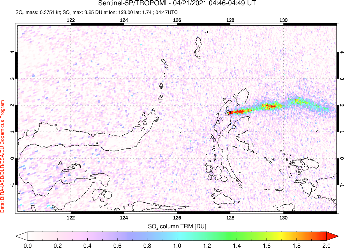 A sulfur dioxide image over Northern Sulawesi & Halmahera, Indonesia on Apr 21, 2021.