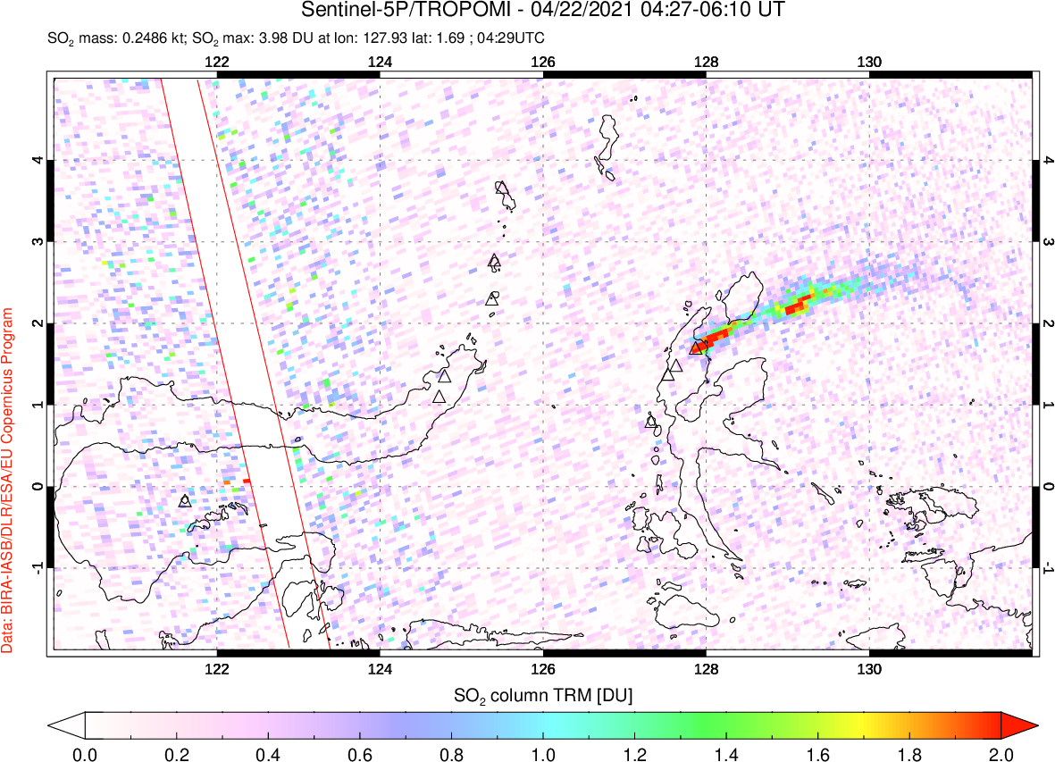 A sulfur dioxide image over Northern Sulawesi & Halmahera, Indonesia on Apr 22, 2021.