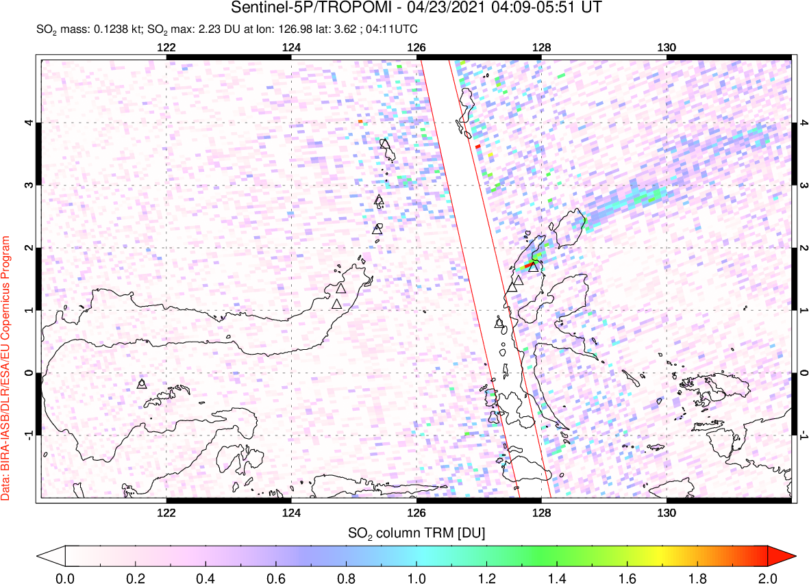 A sulfur dioxide image over Northern Sulawesi & Halmahera, Indonesia on Apr 23, 2021.