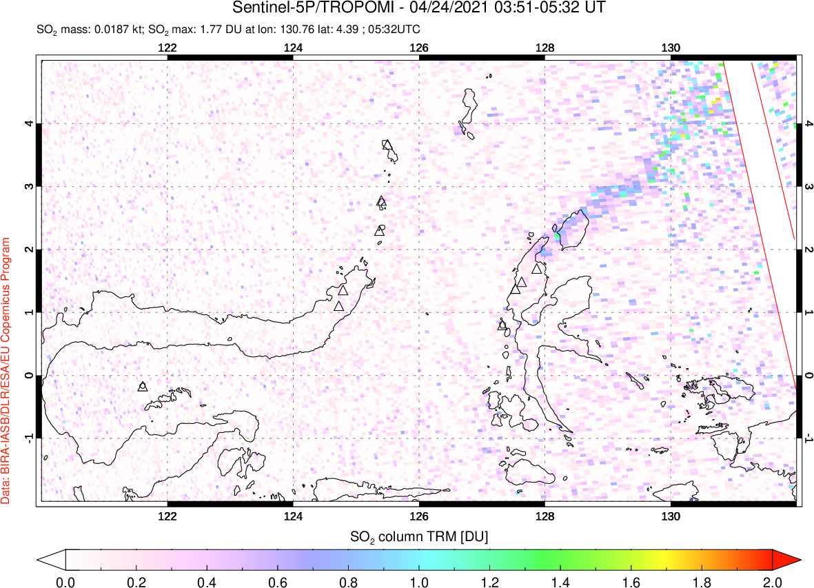 A sulfur dioxide image over Northern Sulawesi & Halmahera, Indonesia on Apr 24, 2021.