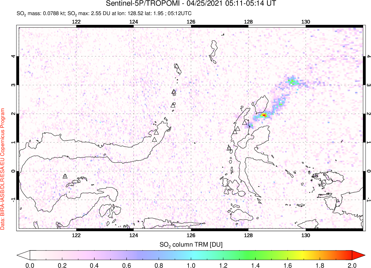 A sulfur dioxide image over Northern Sulawesi & Halmahera, Indonesia on Apr 25, 2021.
