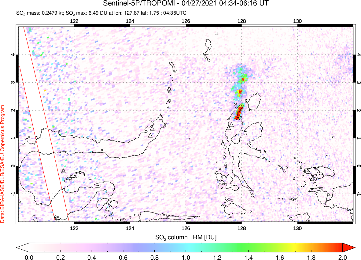 A sulfur dioxide image over Northern Sulawesi & Halmahera, Indonesia on Apr 27, 2021.