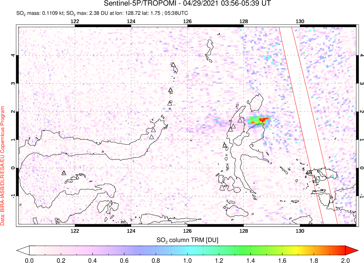 A sulfur dioxide image over Northern Sulawesi & Halmahera, Indonesia on Apr 29, 2021.