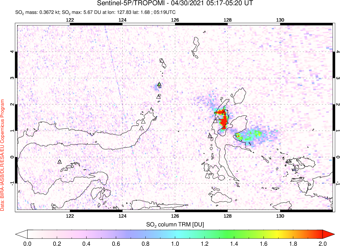 A sulfur dioxide image over Northern Sulawesi & Halmahera, Indonesia on Apr 30, 2021.