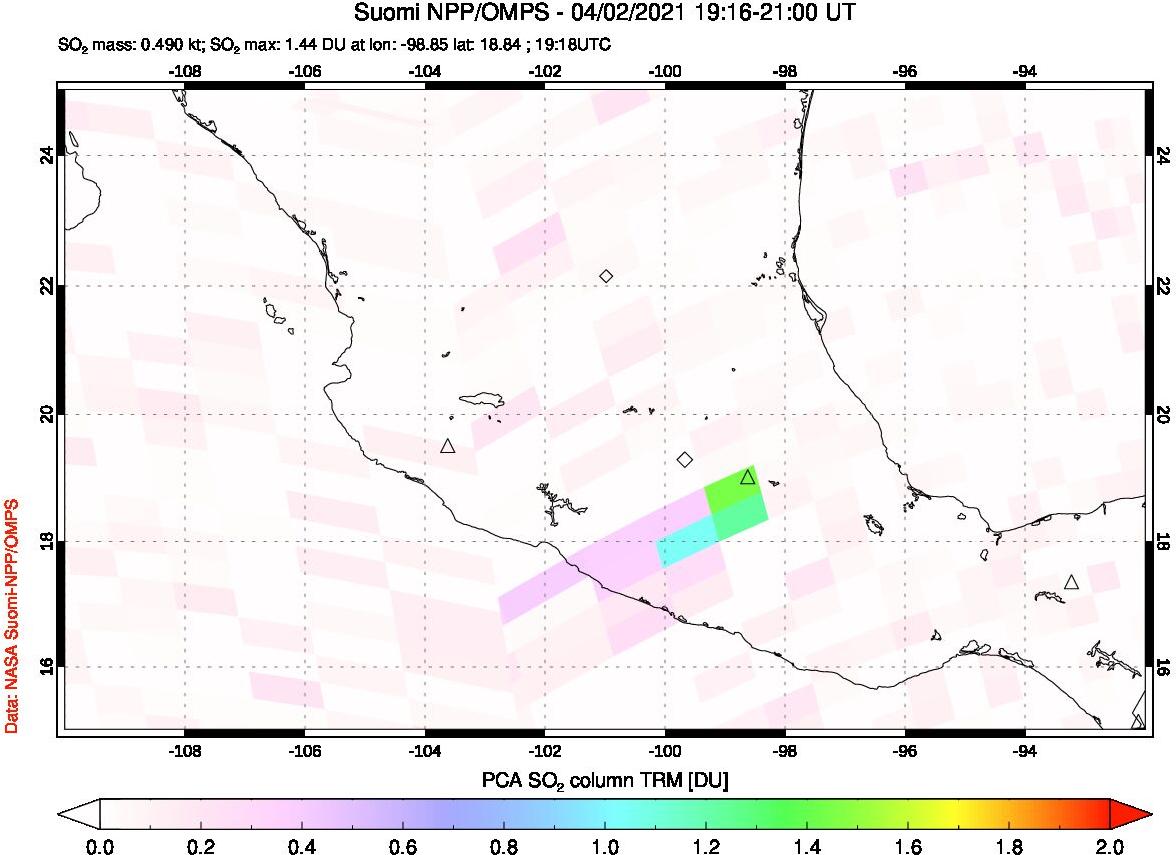 A sulfur dioxide image over Mexico on Apr 02, 2021.