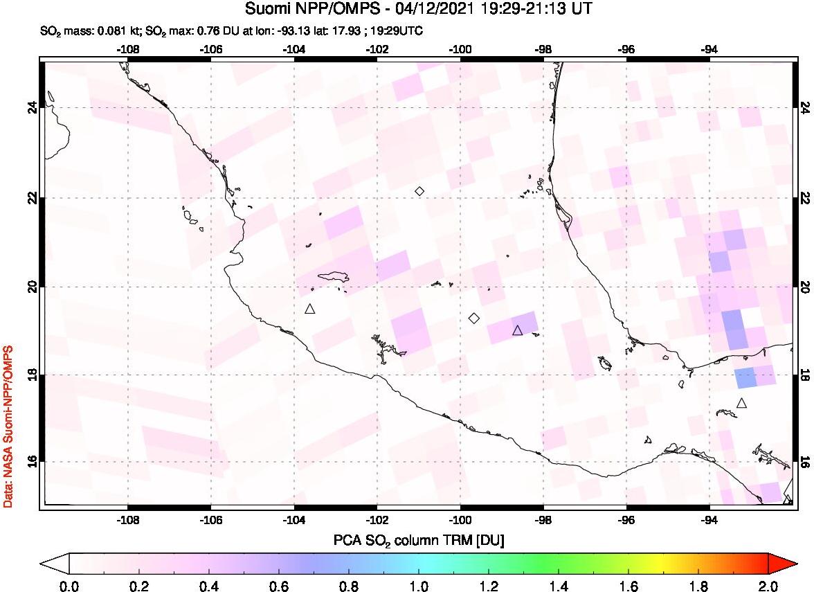 A sulfur dioxide image over Mexico on Apr 12, 2021.