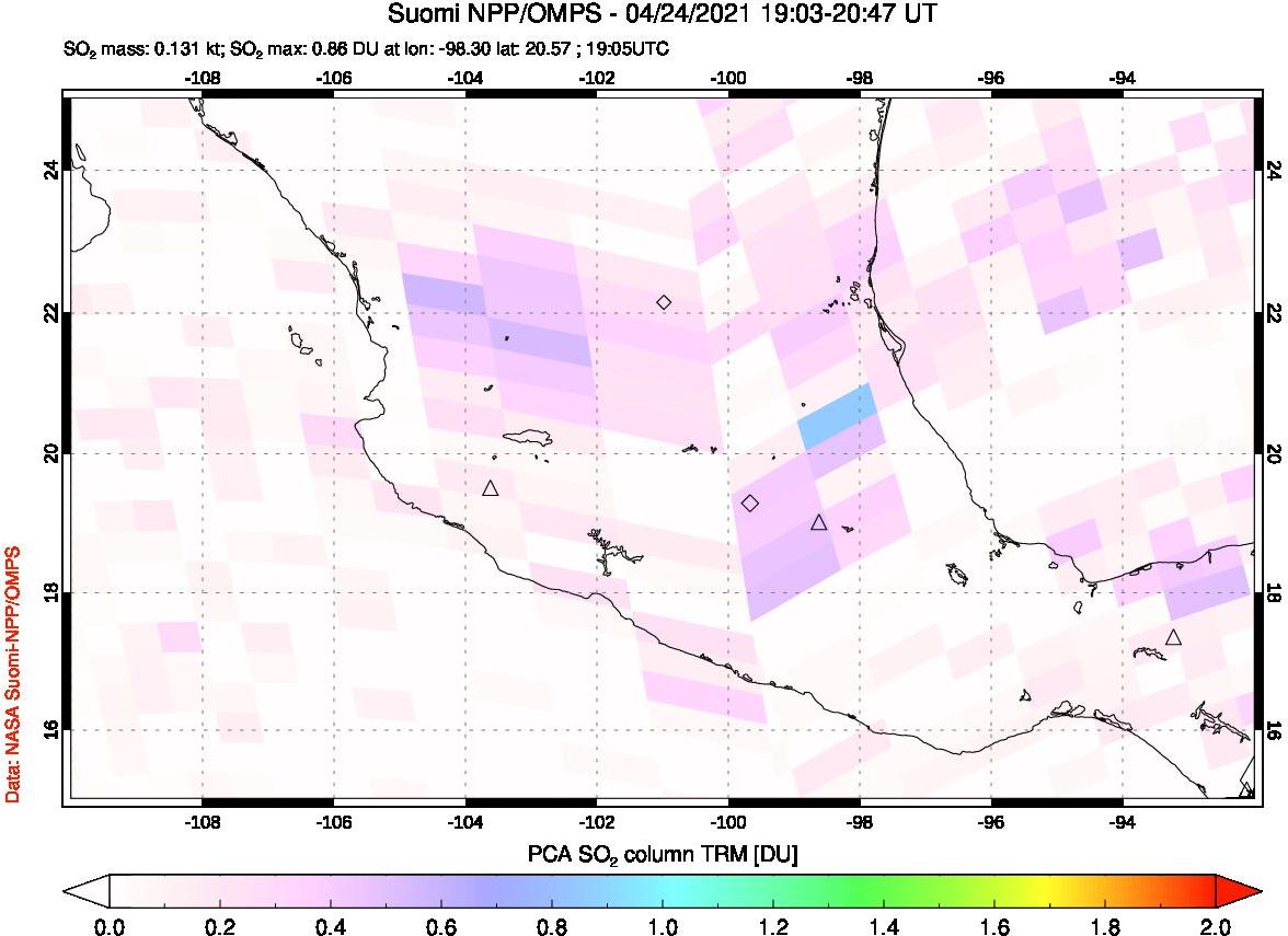 A sulfur dioxide image over Mexico on Apr 24, 2021.