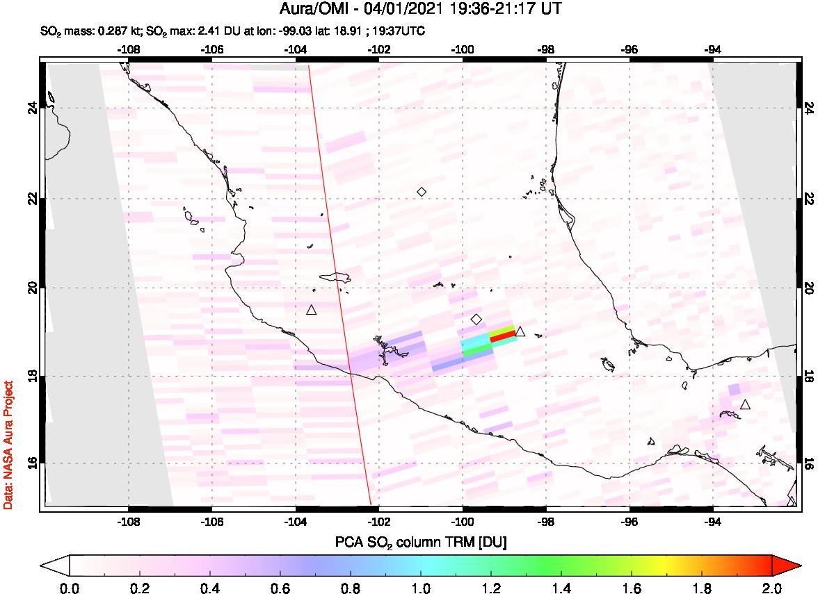 A sulfur dioxide image over Mexico on Apr 01, 2021.