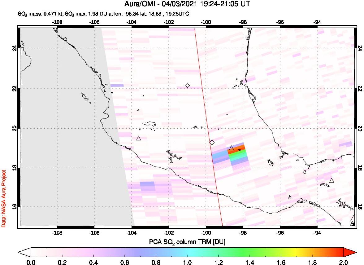 A sulfur dioxide image over Mexico on Apr 03, 2021.