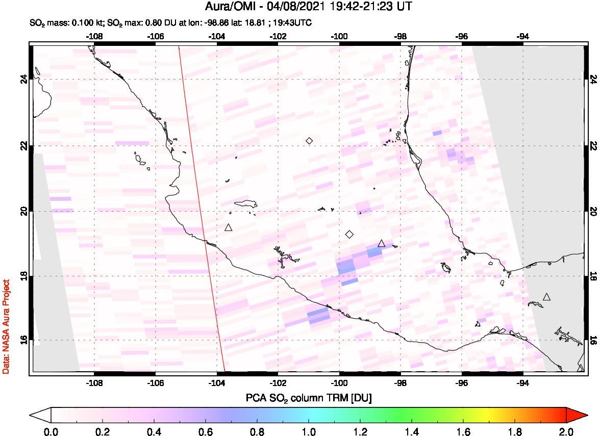 A sulfur dioxide image over Mexico on Apr 08, 2021.