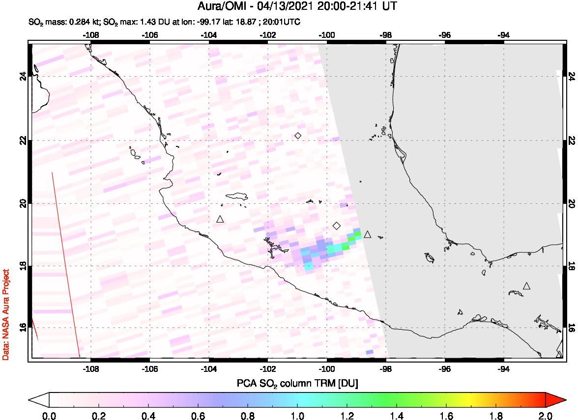 A sulfur dioxide image over Mexico on Apr 13, 2021.