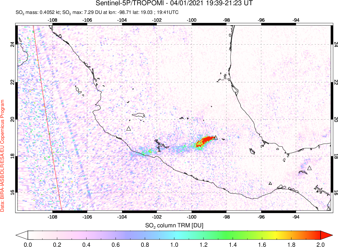 A sulfur dioxide image over Mexico on Apr 01, 2021.