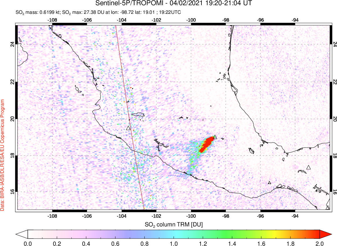 A sulfur dioxide image over Mexico on Apr 02, 2021.