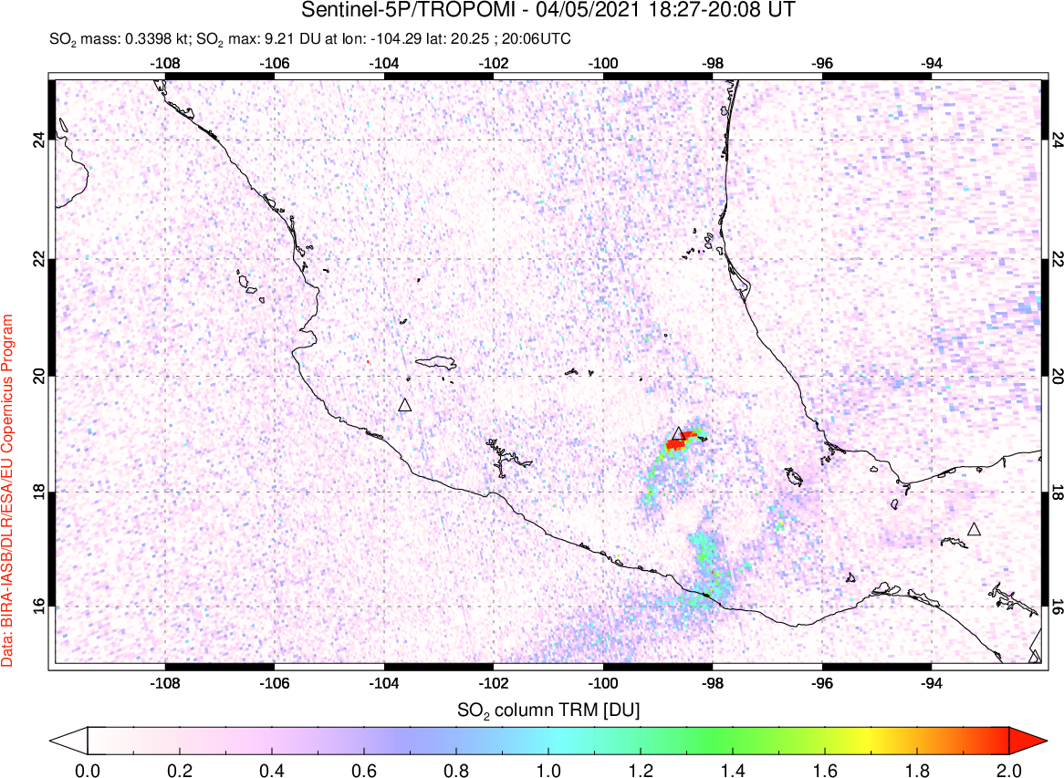 A sulfur dioxide image over Mexico on Apr 05, 2021.