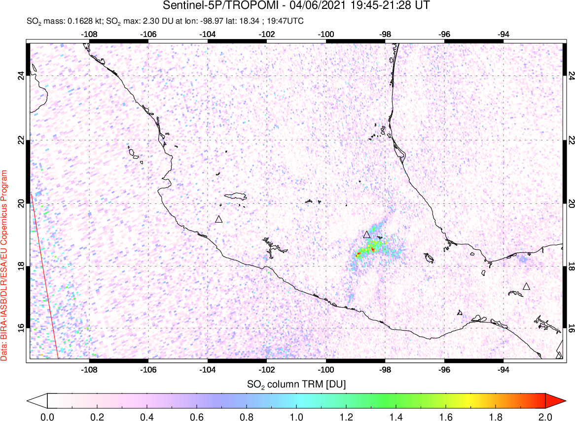A sulfur dioxide image over Mexico on Apr 06, 2021.