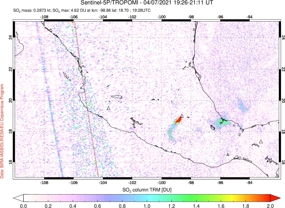 A sulfur dioxide image over Mexico on Apr 07, 2021.
