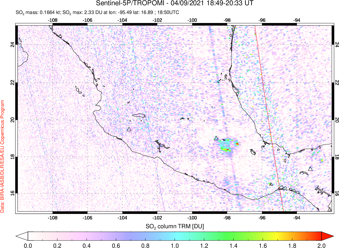 A sulfur dioxide image over Mexico on Apr 09, 2021.