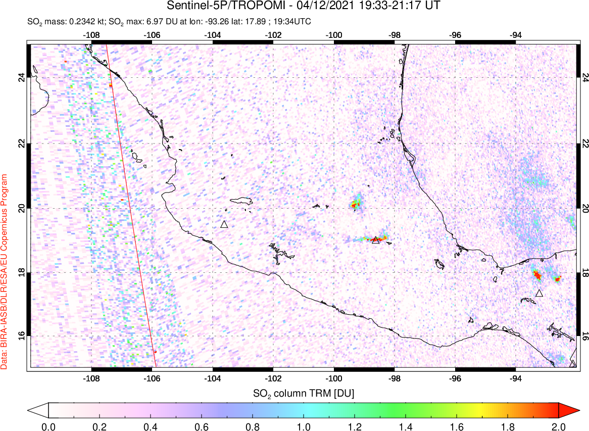 A sulfur dioxide image over Mexico on Apr 12, 2021.