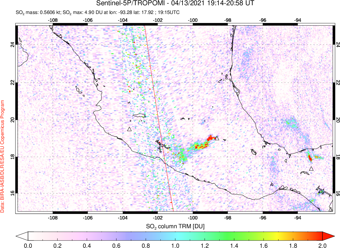 A sulfur dioxide image over Mexico on Apr 13, 2021.