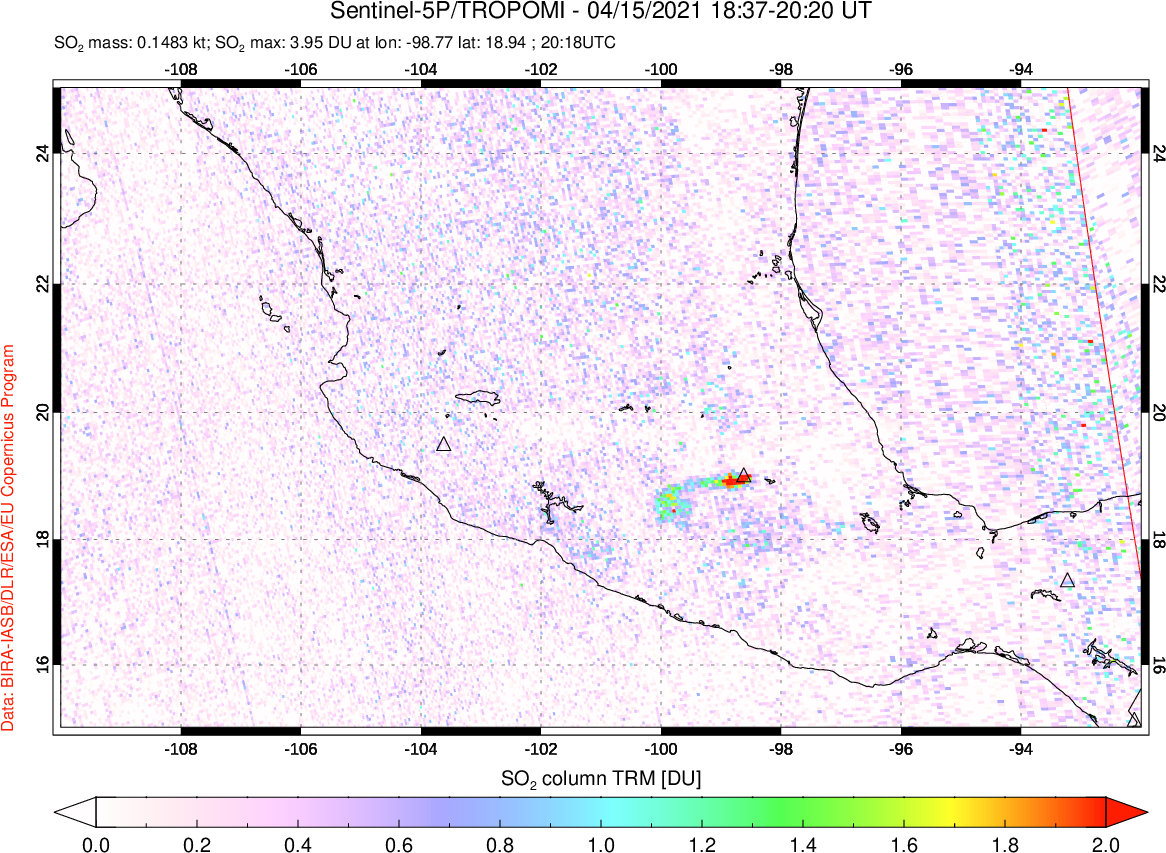 A sulfur dioxide image over Mexico on Apr 15, 2021.