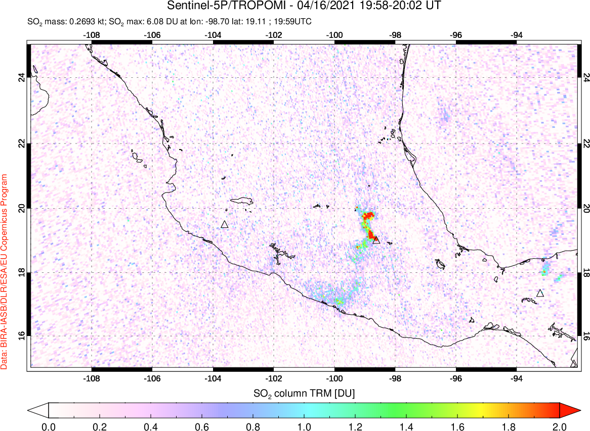 A sulfur dioxide image over Mexico on Apr 16, 2021.