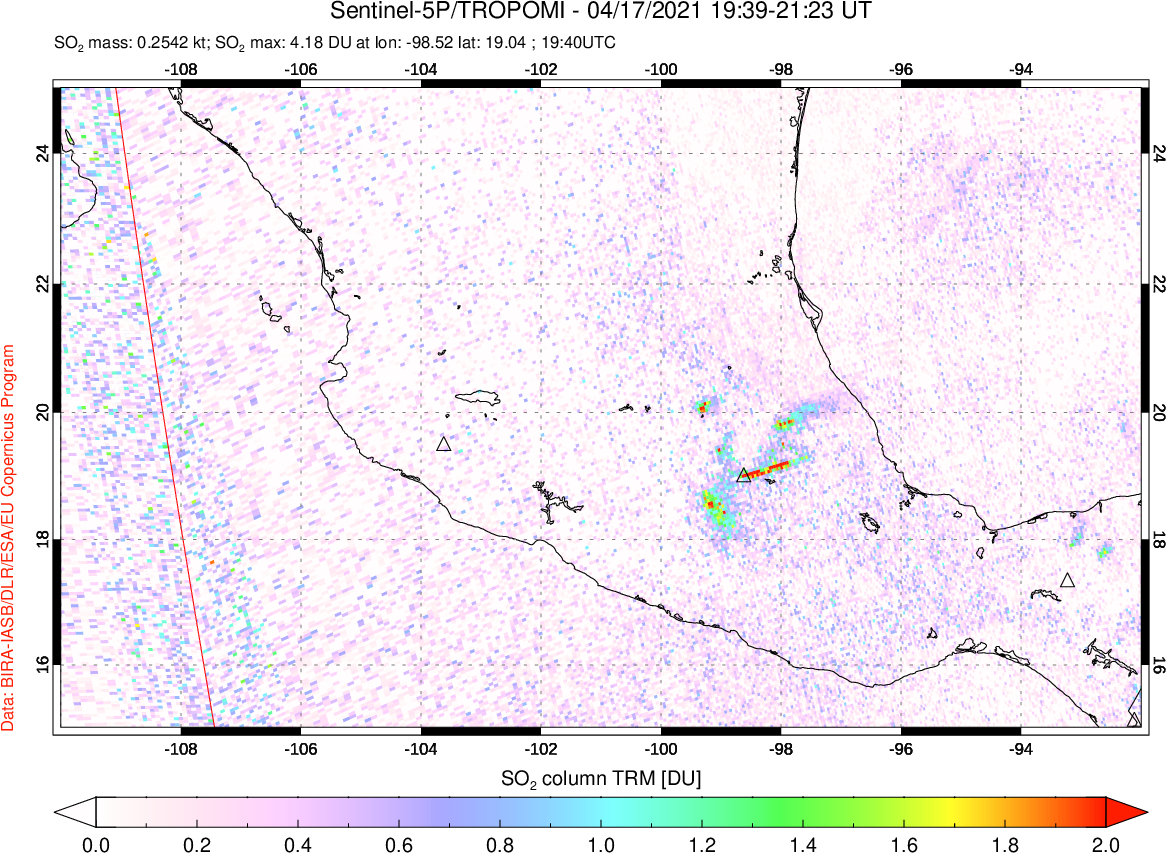 A sulfur dioxide image over Mexico on Apr 17, 2021.