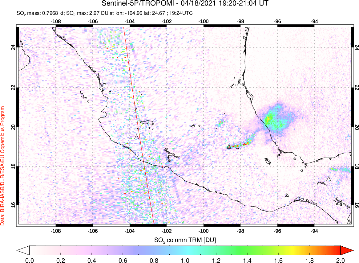 A sulfur dioxide image over Mexico on Apr 18, 2021.