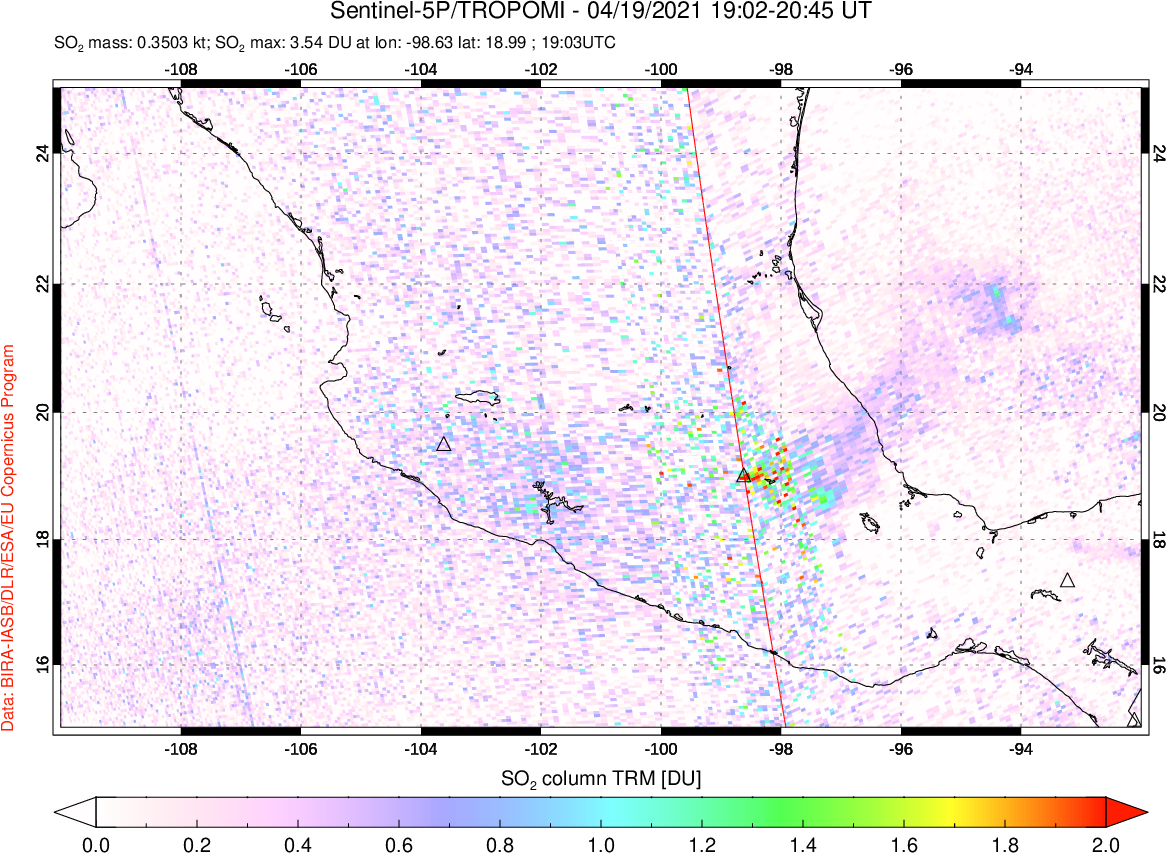 A sulfur dioxide image over Mexico on Apr 19, 2021.