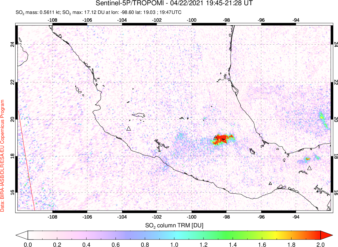 A sulfur dioxide image over Mexico on Apr 22, 2021.