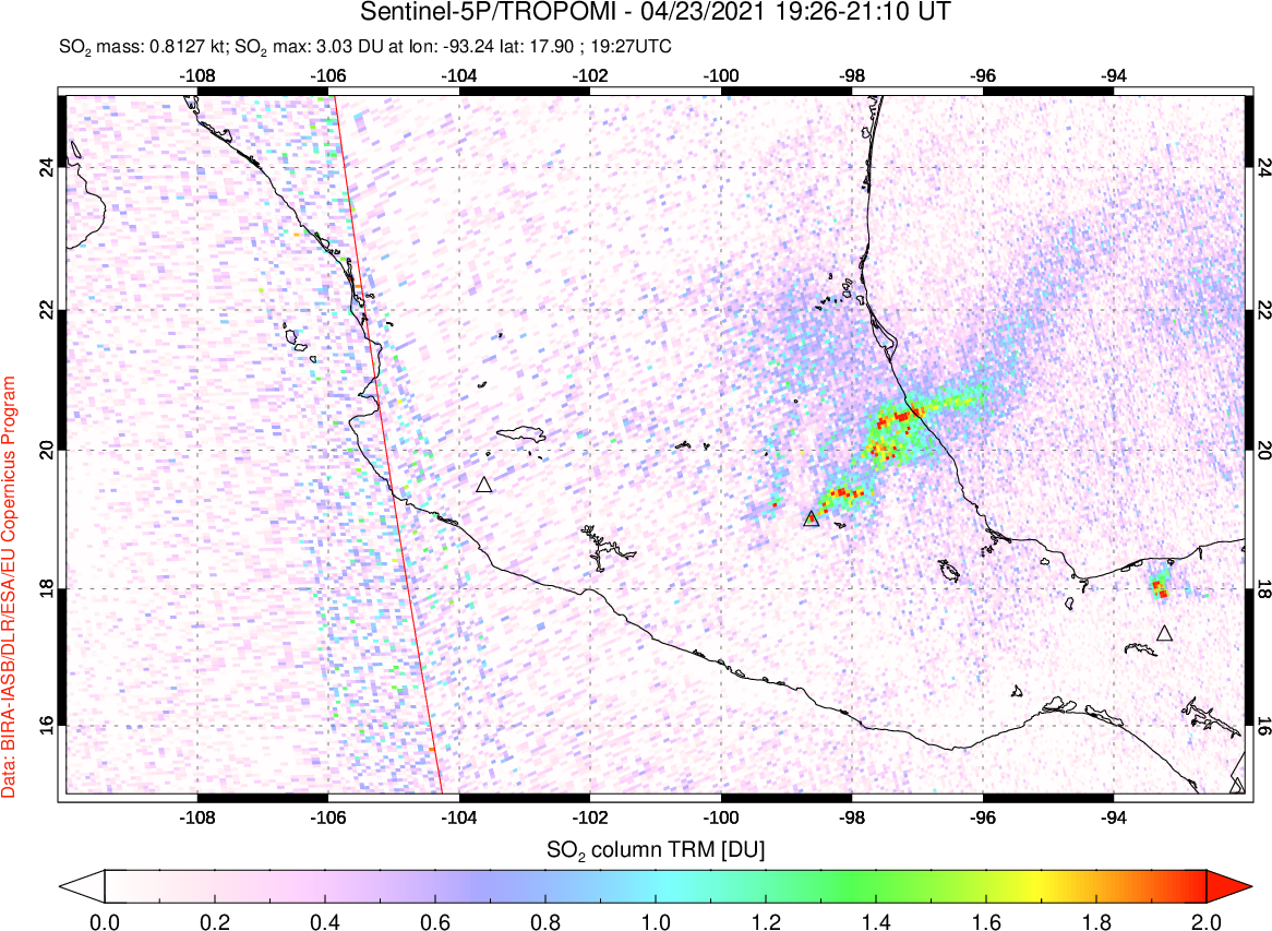A sulfur dioxide image over Mexico on Apr 23, 2021.