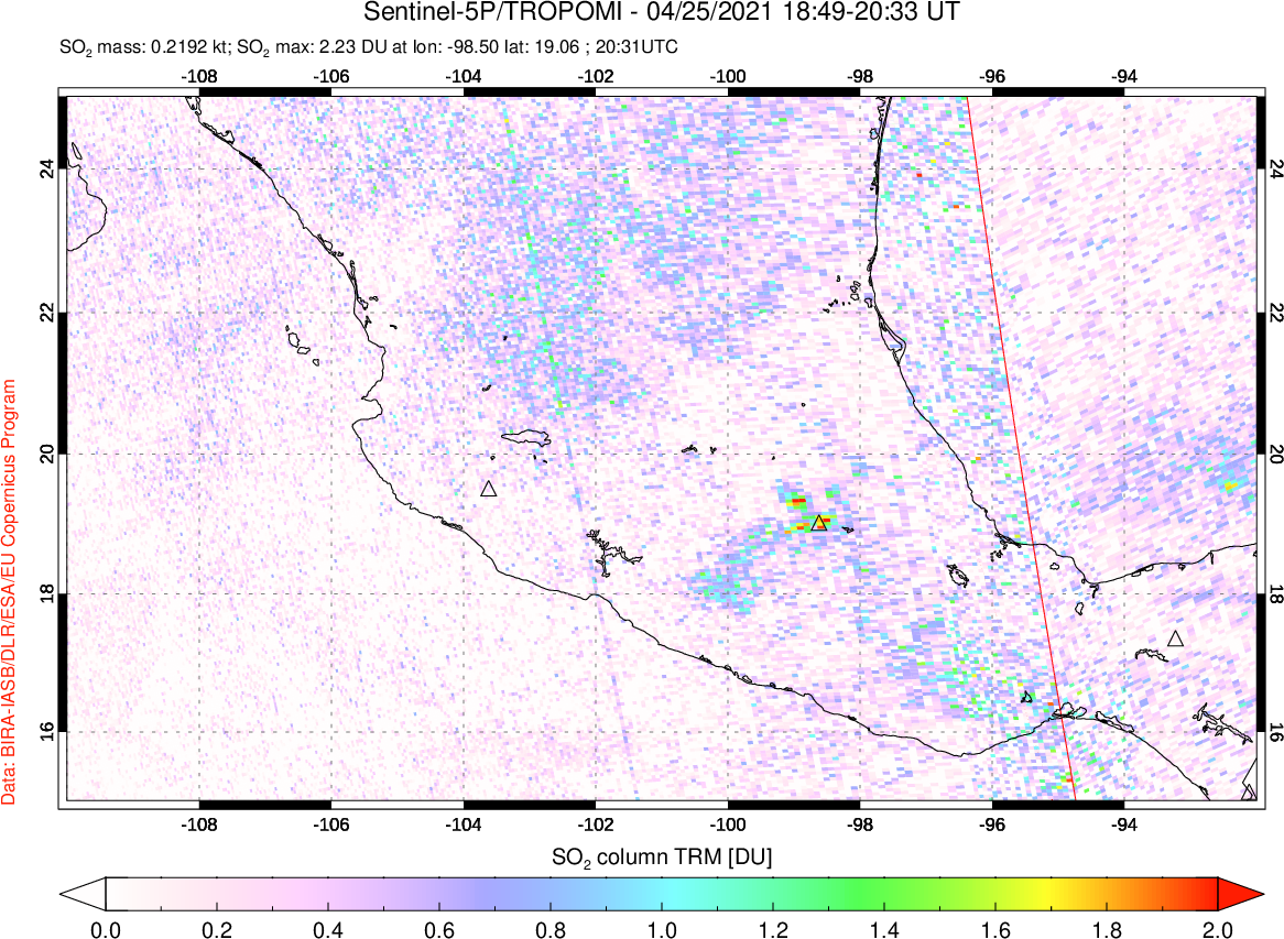A sulfur dioxide image over Mexico on Apr 25, 2021.