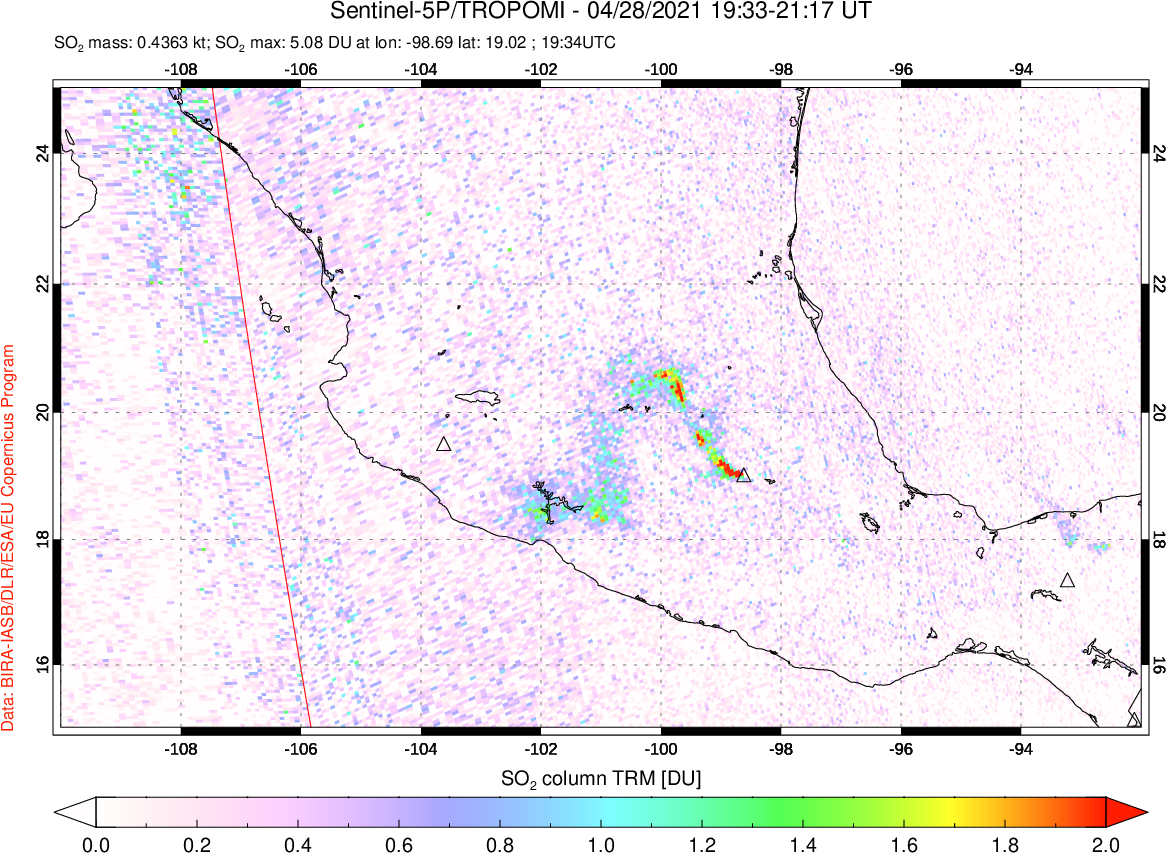 A sulfur dioxide image over Mexico on Apr 28, 2021.